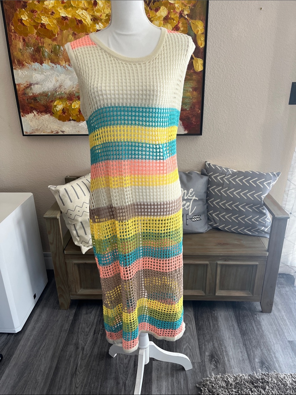 Crochet Stripe Sleeveless swim cover up in Cream, Teal, Yellow, Coral, Taupe